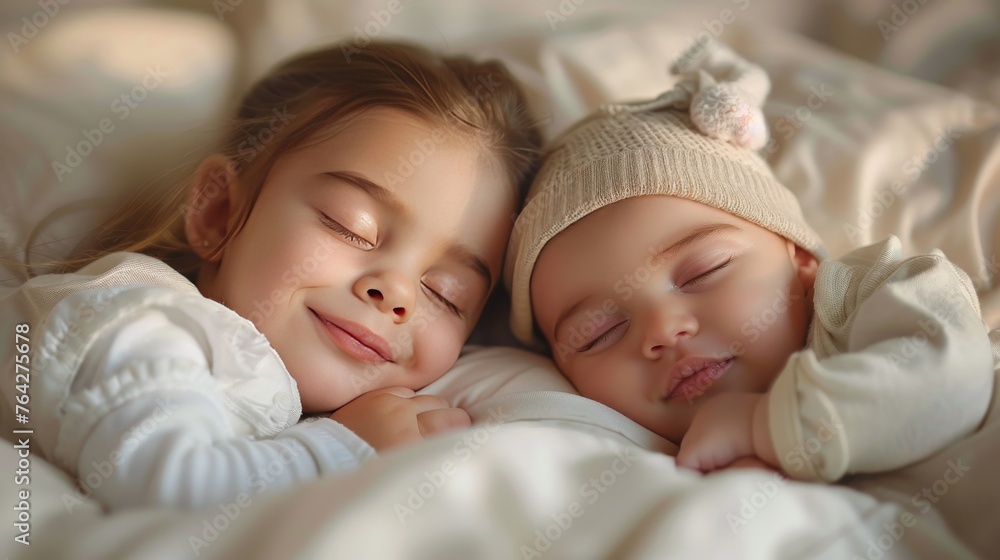Two Young Children Sleeping Together on Bed Two Young Children Sleeping Together on Bed