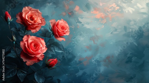 Three Red Roses on Blue Background