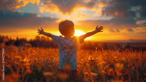 Little Boy Standing in Field With Outstretched Arms
