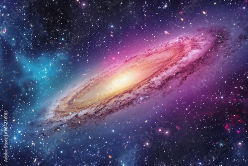 The Andromedus galaxy occupies the forefront of the image while numerous stars create a dazzling backdrop, A candy-colored depiction of Andromeda galaxy, AI Generated