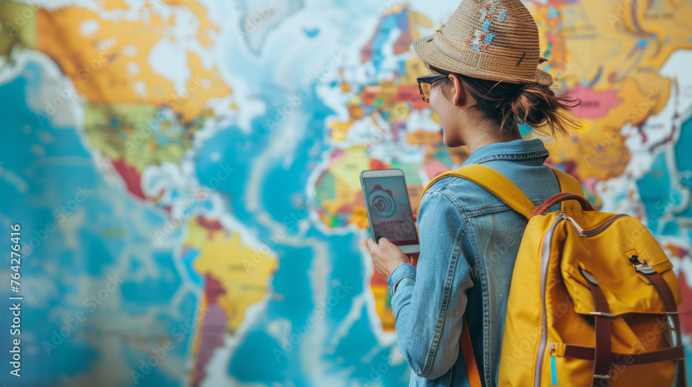 Female Traveler Planning Journey With Map and Smartphone