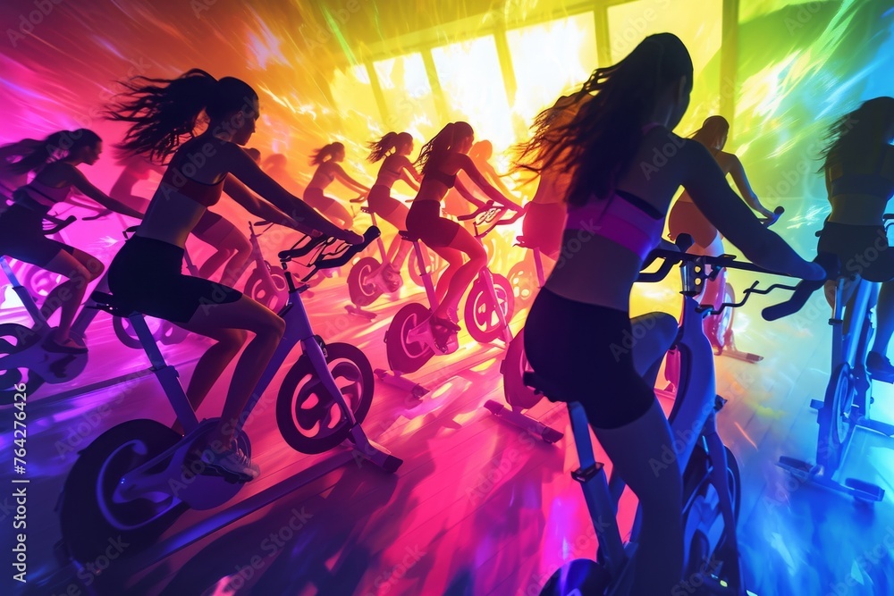 A diverse group of individuals energetically riding bicycles inside a spacious room, A chaotic, colorful representation of a spin class, AI Generated A diverse group of individuals energetically riding bicycles inside a spacious room, A chaotic, colorful representation of a spin class, AI Generated
