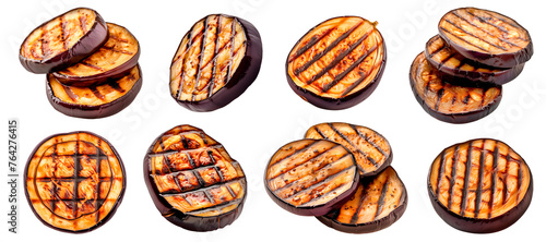 Set of grilled eggplant slices isolated on a white or transparent background. Grilled vegetables bundle close-up. Eggplant slices with grill grid marks. Food photography design element