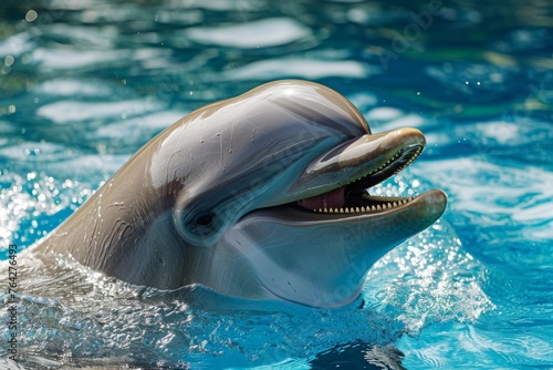 A dolphin leaps out of the water with its mouth wide open, capturing a fish in its powerful jaws, A charismatic portrait of a playful bottlenose dolphin, AI Generated