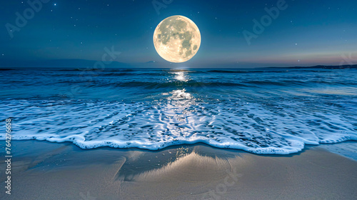 Moonlit sea, romantic night landscape, tranquil ocean reflection, natural beauty