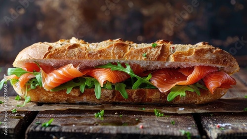a rustic-style smoked salmon sandwich, meticulously crafted with fresh ingredients and space for textual embellishments.
