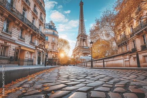 The iconic Eiffel Tower stands tall and dominates the cityscape of Paris, A charming cobblestone street in Paris with the Eiffel Tower in the background, AI Generated