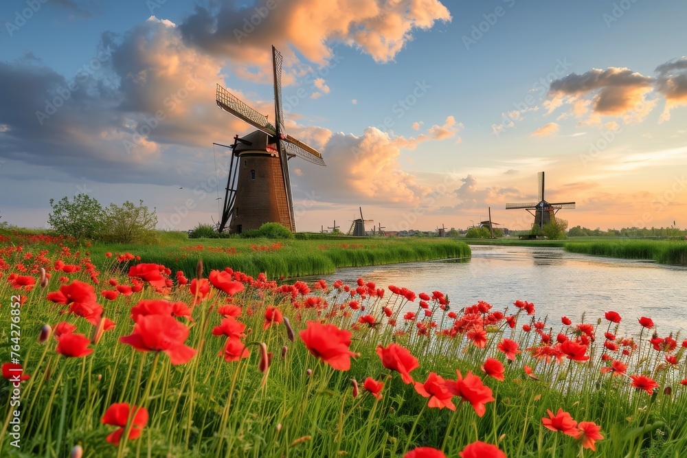 A vibrant field of red flowers contrasts beautifully with the flowing river beside it, A charming windmill field in the Dutch countryside, AI Generated