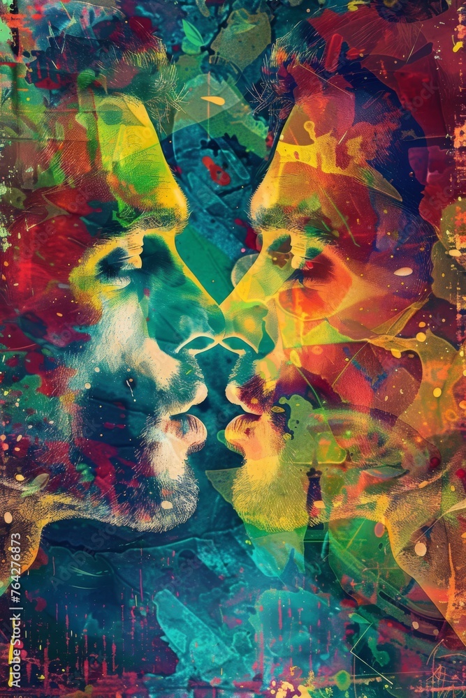 a colored picture of two men kissing