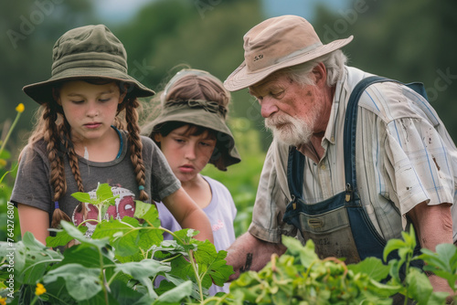 A man and two children are in a garden, with the man teaching the children about plants. Scene is educational and peaceful