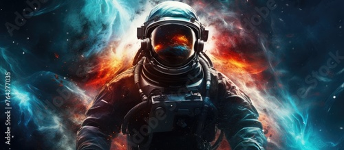 An individual wearing a protective astronaut suit, complete with a visored helmet and a gas mask for safety in hazardous environments © TheWaterMeloonProjec
