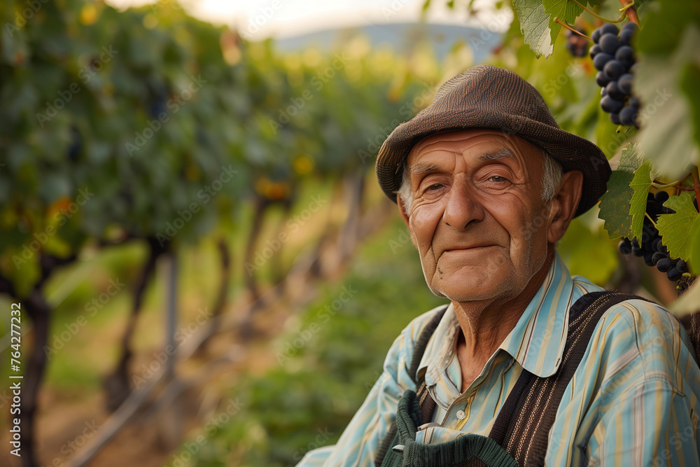 A man wearing a hat and a vest stands in front of a vineyard. He looks happy and content A man wearing a hat and a vest stands in front of a vineyard. He looks happy and content