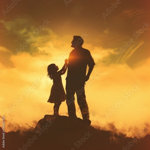 Illustration painting of silhouette of the father carrying his daughter up at sunset
