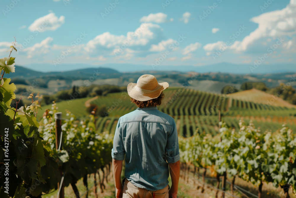 A man wearing a hat stands in a vineyard. The vineyard is lush and green, with rows of vines stretching out in front of him. The man is taking in the beauty of the landscape A man wearing a hat stands in a vineyard. The vineyard is lush and green, with rows of vines stretching out in front of him. The man is taking in the beauty of the landscape