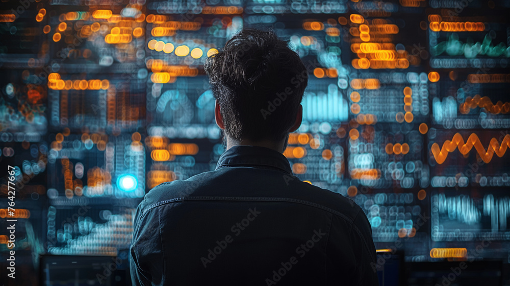 Obraz premium A man is working in front of computer and doing data analysis. Future technology concept. Copy space. Selective focus. 