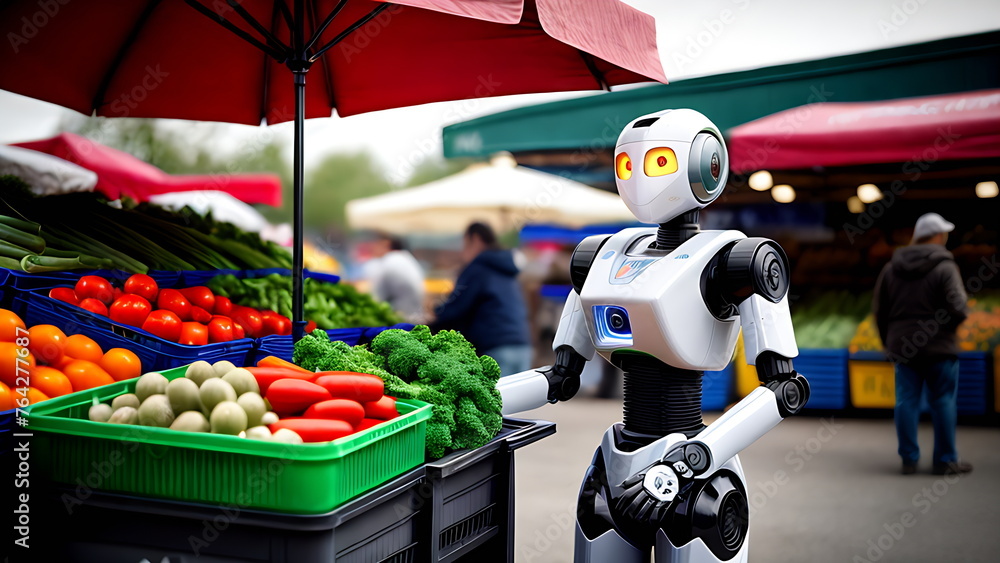 Naklejka premium A small humanoid robot works at a vegetable market in the city.