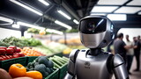 A small humanoid robot in a silver body works at a vegetable market in the city