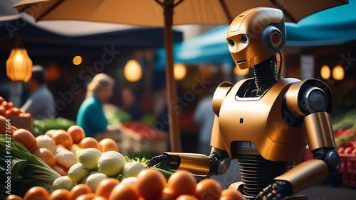 A humanoid robot in a golden body works with vegetables in the evening under the awnings