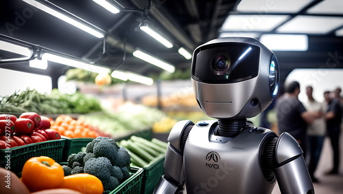 A small humanoid robot in a silver body works at a vegetable market in the city