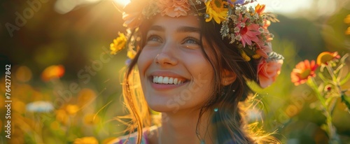 During a spring equinox celebration, a joyful woman wears a vibrant floral wreath.