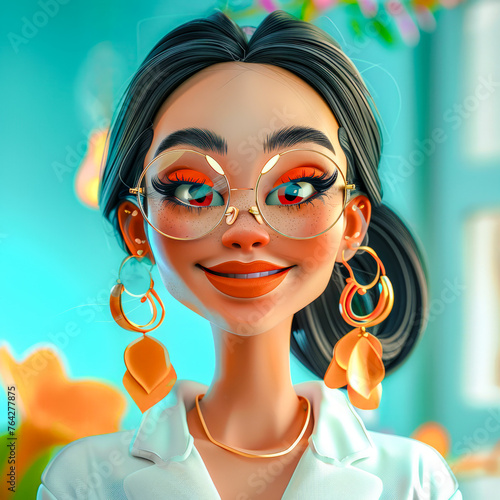 Cartoon of a Cute and Gleeful Woman with Glasses and Bold Earrings Flashing a Bright Smile Digital Art
