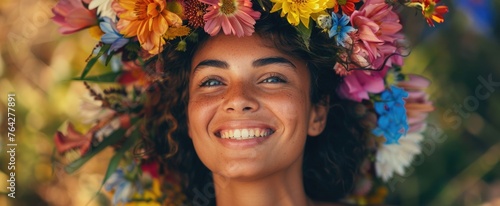During a spring equinox celebration, a joyful woman wears a vibrant floral wreath.