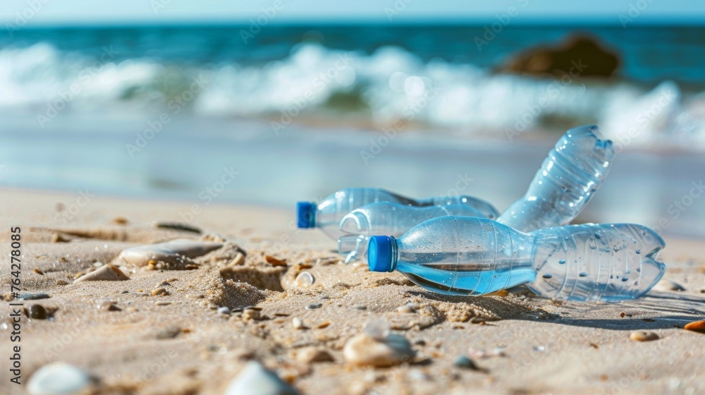 Plastic Bottle Laying in Sand - obrazy, fototapety, plakaty 