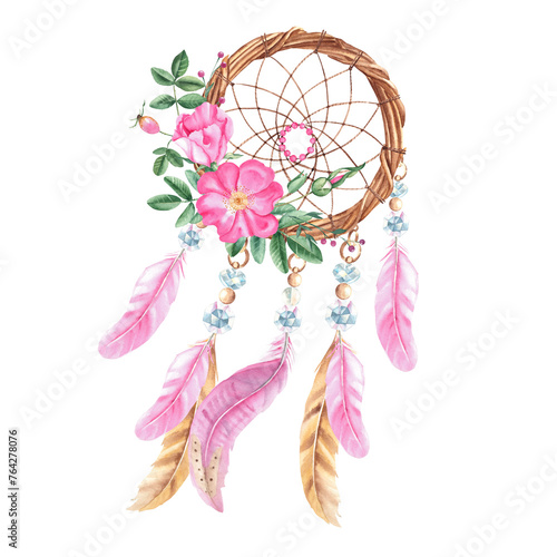 Dream catcher with beads, crystals, dog rose flowers and pink and beige feathers. Watercolor hand drawn illustration on a white background. Bohemian decoration, chic design. American culture mystery
