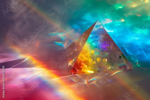A photograph capturing a triangle shaped object against a backdrop of a vividly colored rainbow, A colorful prism dispersing different emotions associated with opioid use, AI Generated