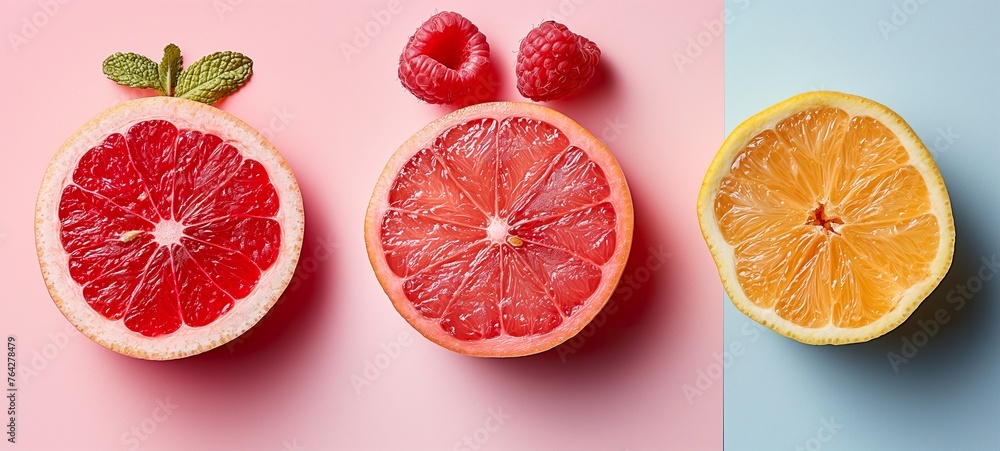 organic citrus fruits with raspberries, set against a dual-tone ...