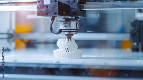 A 3D printer in the midst of creating a white plastic model, offering a glimpse into the capabilities of modern 3D printing technology photo