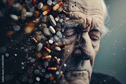 An image capturing an elderly man with a multitude of pills forcefully protruding from his facial region, A conceptual portrait showing the aging effect of opioid abuse over time, AI Generated photo