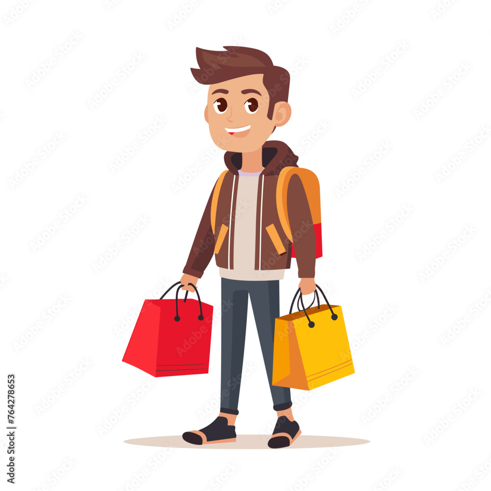 A young man is holding shopping bags and smiling. He is wearing a brown jacket and blue jeans