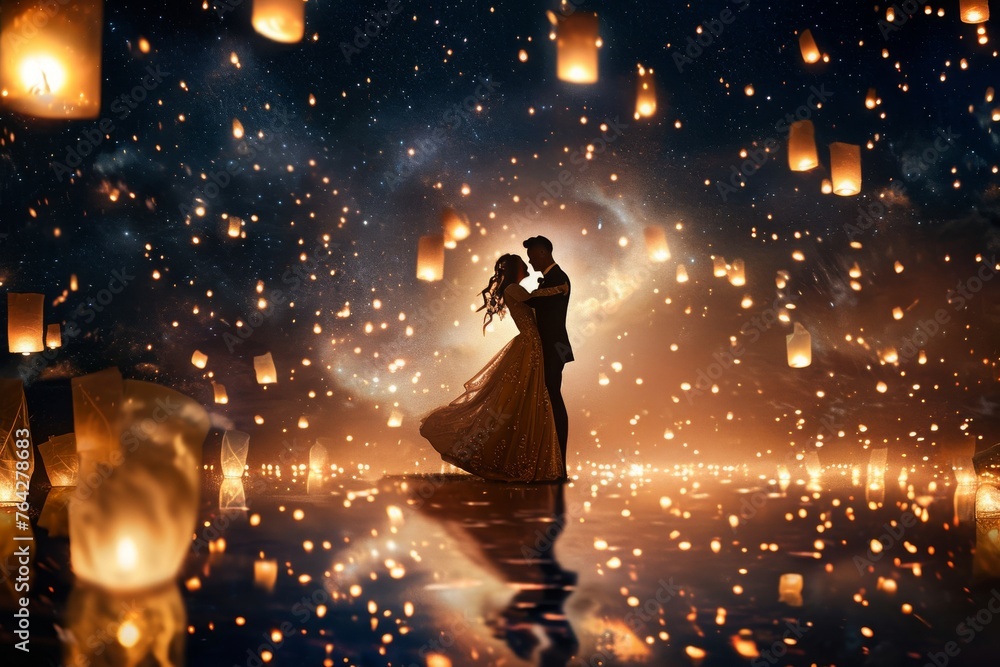 A man and a woman are seen standing in front of a row of lanterns, creating a vibrant and atmospheric scene, A couple dancing under the stars, surrounded by floating lanterns, AI Generated