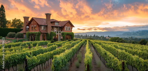 Craftsman house at sunrise, set against a backdrop of a sprawling vineyard ready for harvest