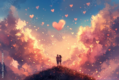 Two people are standing on a hilltop, looking out at the landscape under a cloudy sky, A couple standing on the top of a hill surrounded by heart-shaped clouds, AI Generated