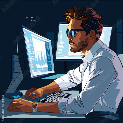 Male trader plays on the stock exchange, buys and sells stocks