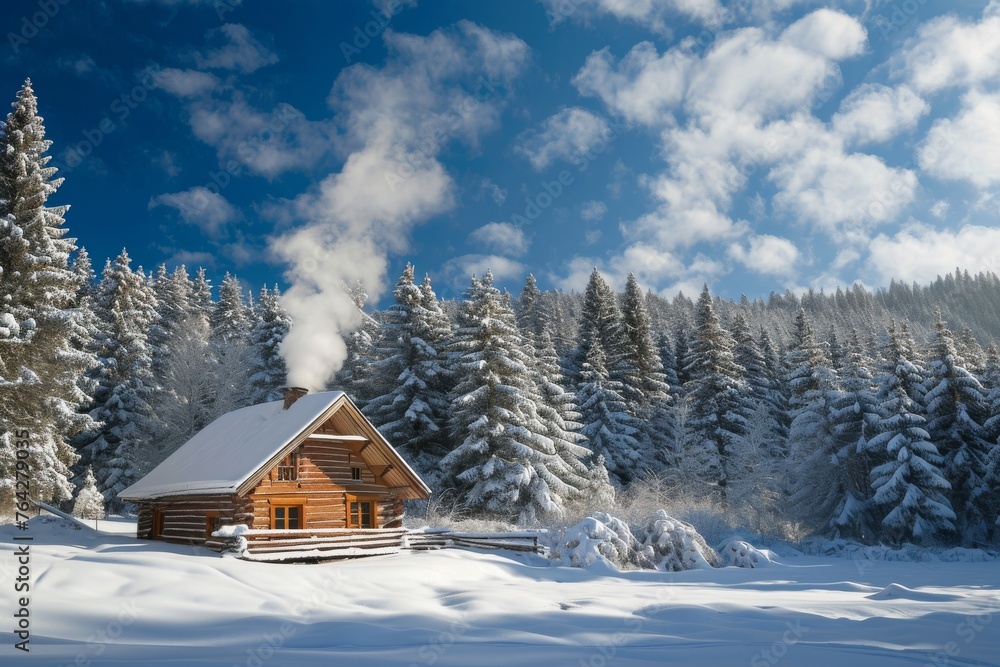 A remote cabin surrounded by snow-covered trees in the heart of a forest during the winter season, A cozy cabin with smoke rising from the chimney amidst snow covered pines, AI Generated