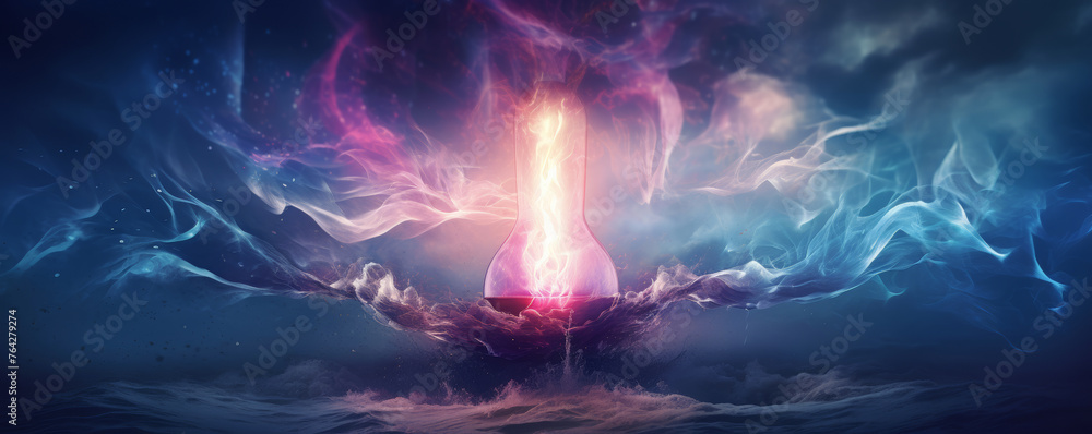 Obraz premium Electric energy and light burst emanating from bulb underwater. Digital art concept. Energy and nature fusion theme for design and wallpaper. Surreal scenery with copy space.