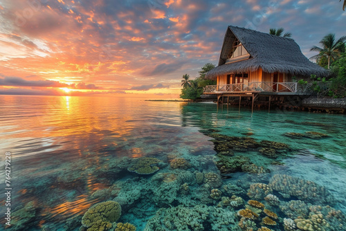Craftsman house at sunrise with a nearby coral reef visible in the clear coastal waters