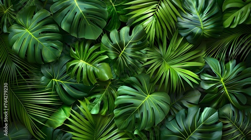 Green leaves background, top view of tropical palm leaves with copy space
