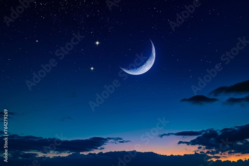 A crescent moon shines brightly amidst a backdrop of clouds in the night sky, A crescent moon and star shining brightly against a deep blue night sky, AI Generated