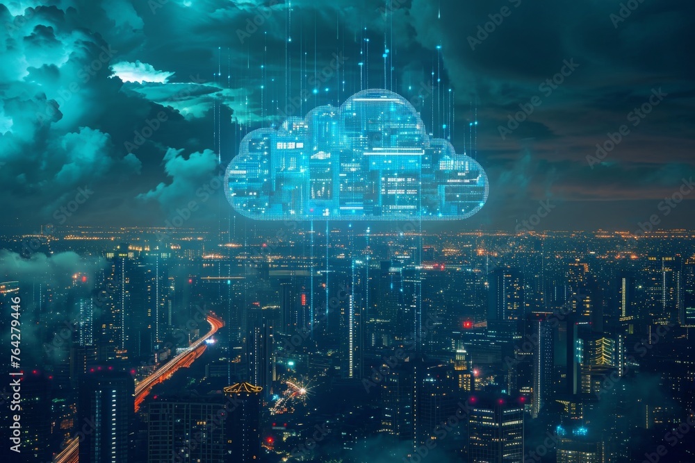 Fototapeta premium A photo capturing a blue cloud floating above a bustling urban landscape at night, A cyberpunk inspired view of cloud storage services, AI Generated