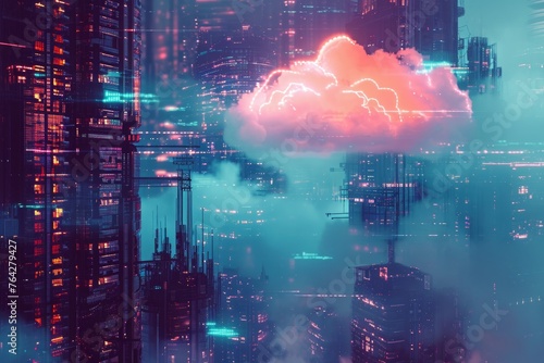 A photograph of a cityscape featuring a prominent cloud suspended in the center, creating a captivating visual contrast, A cyberpunk inspired view of cloud storage services, AI Generated