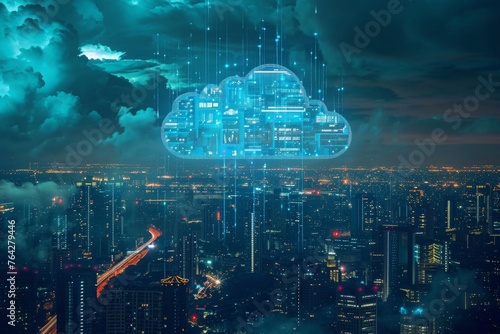 A photo capturing a blue cloud floating above a bustling urban landscape at night, A cyberpunk inspired view of cloud storage services, AI Generated