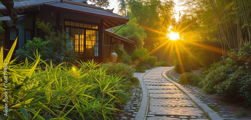 Craftsman house at sunrise, adjacent to a serene bamboo path leading to a Zen temple photo