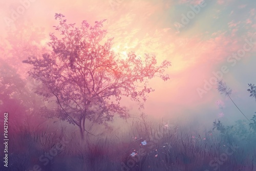 A foggy field with a tree prominently in the foreground, creating a sense of mystery and atmospheric ambiance, A delicate blend of pastel colors depicting a spring sunrise, AI Generated