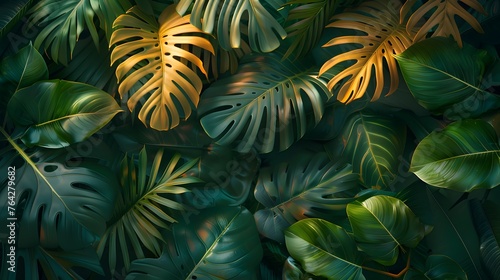 Tropical leaves background. Top view of Monstera leaves background, wallpaper