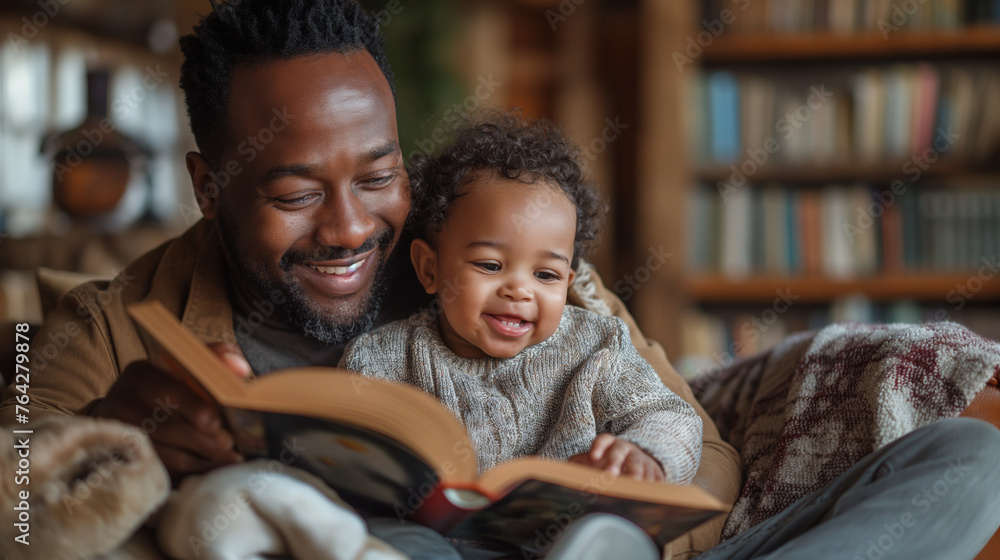 A heartwarming image of a dad blogger cuddling with his young child on the couch, both engrossed in a storybook, with their laughter echoing through the room as they bond over shar A heartwarming image of a dad blogger cuddling with his young child on the couch, both engrossed in a storybook, with their laughter echoing through the room as they bond over shar
