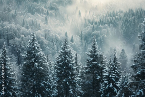 Be transported to a winter wonderland as you behold a sprawling forest dotted with countless snow-laden trees, A dense pine forest covered in snow, AI Generated